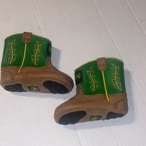 Soft leather baby John Deere green and brown boots size 3 months